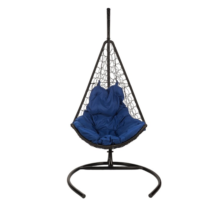 Кресло - кокон Wind, подвесное, с синей подушкой, со стойкой, чёрное