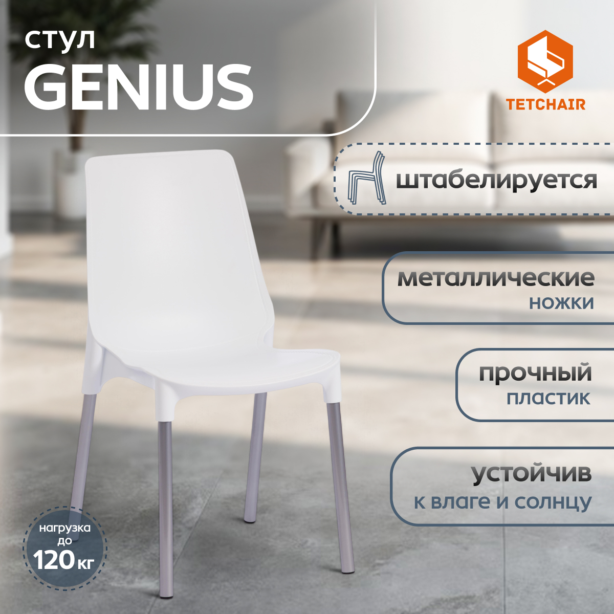 Стул ТС Genius пластиковый белый с хромированными ножками 46х56х84 см