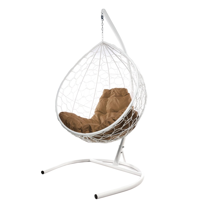 Подвесное кресло - кокон «Капля», с искусственным ротангом, 193×72×98 см, белое, бежевая подушка