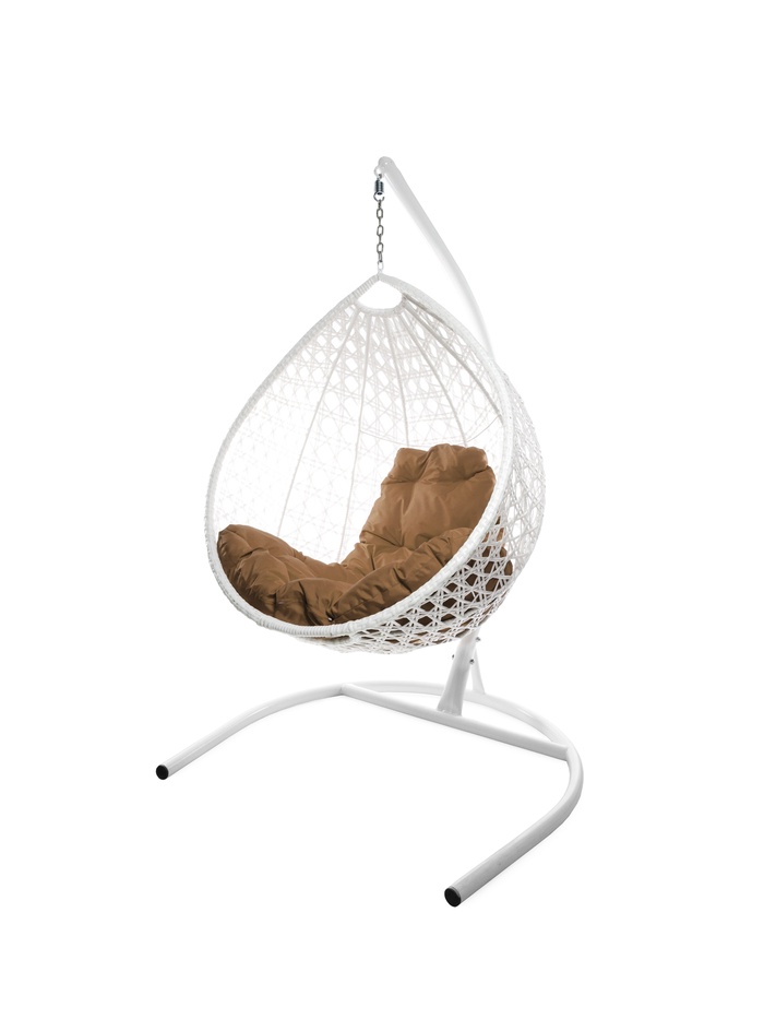 Подвесное кресло КАПЛЯ ЛЮКС с ротангом белое, бежевая подушка